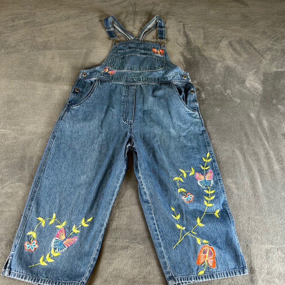 Agapo Vintage 90s Butterfly Embroidered Denim Capri Overalls Medium Blue Cotton